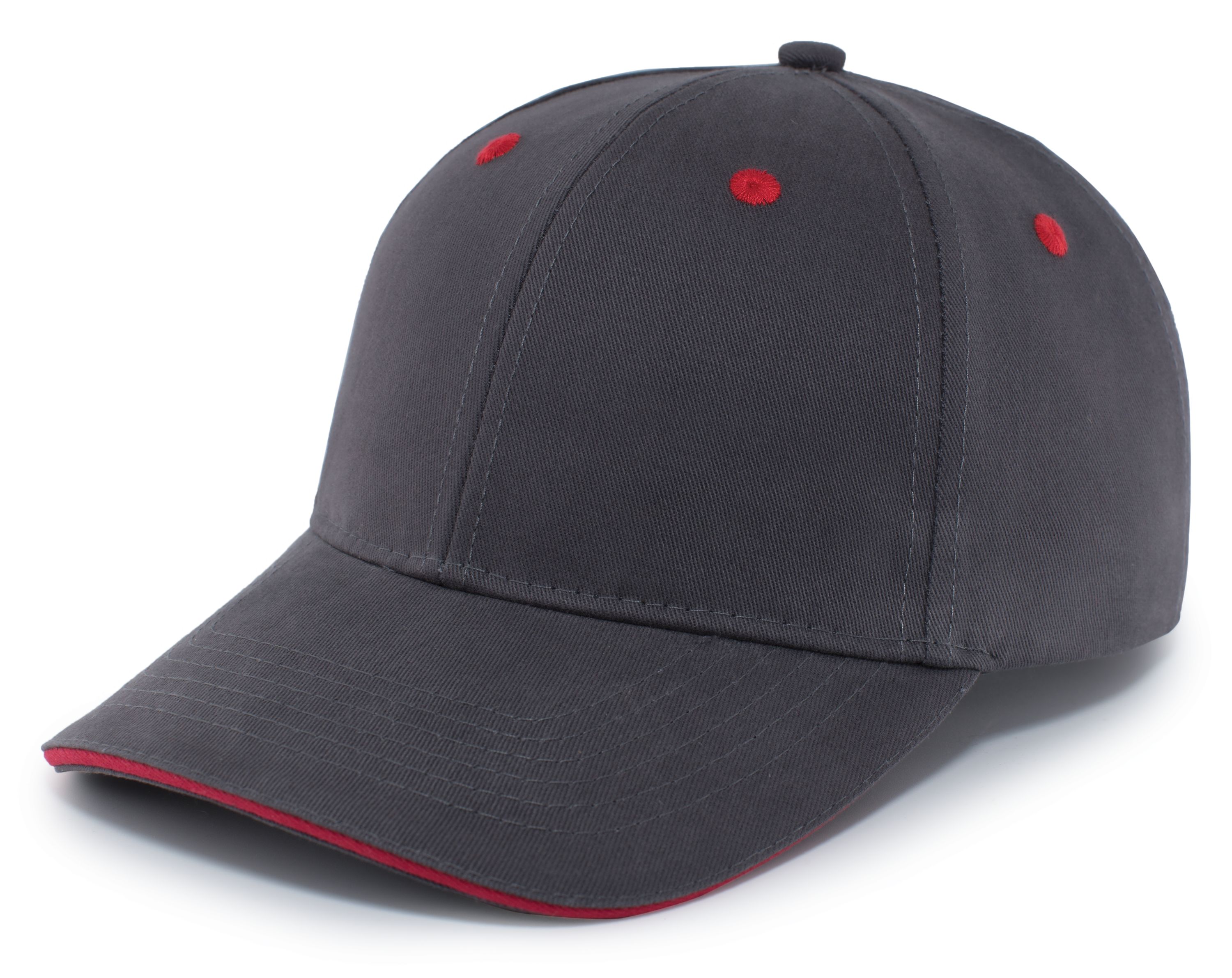 Front view of Graphite Cotton Twill Cap with red sandwich bill detail, matching red eyelets, structured crown, and pre-curved visor. Front view of Graphite Cotton Twill Cap with red sandwich bill detail, matching red eyelets, structured crown, and pre-curved visor.