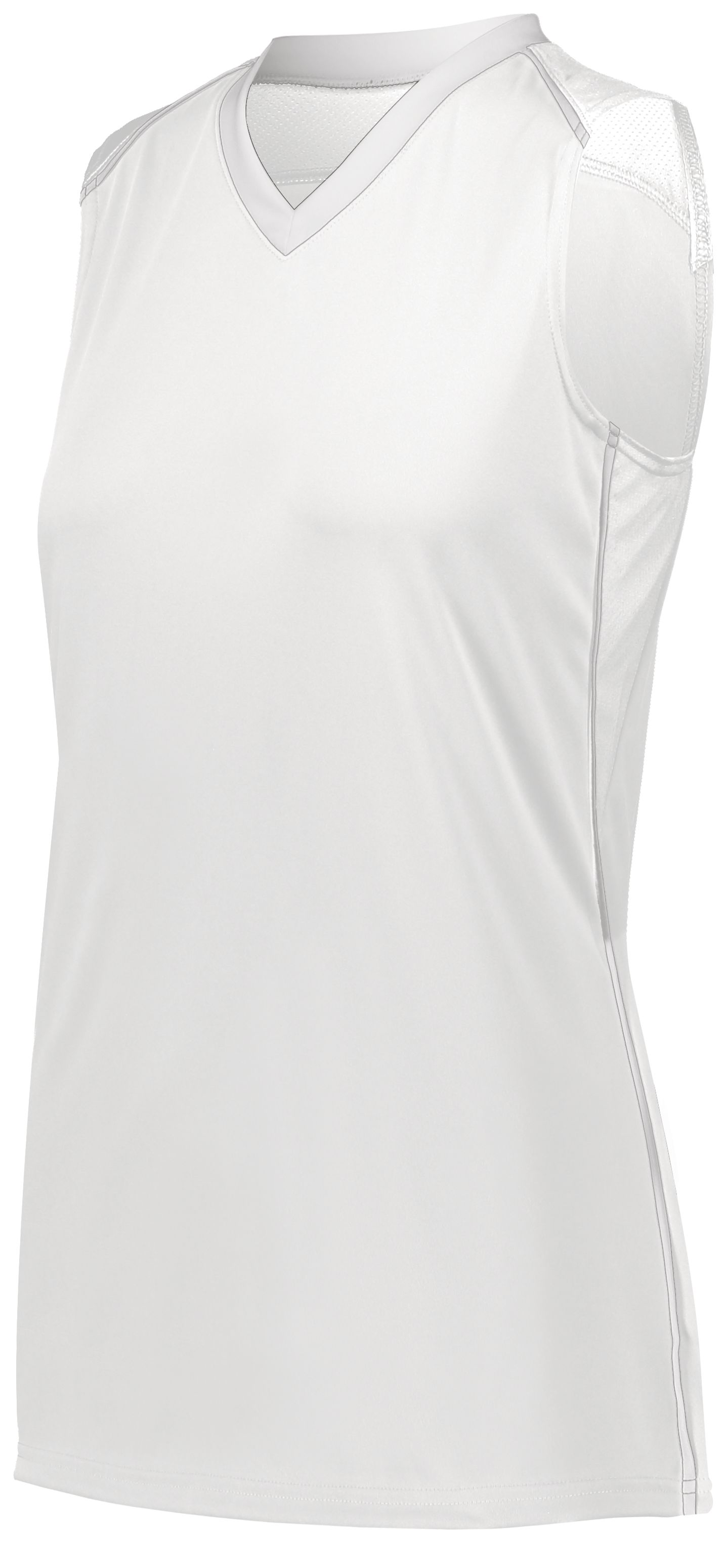 Front view of the Agusta Sportswear Girls' Rover Cool Sleeveless Softball Jersey in White, highlighting the unrestricted sleeveless design, V-neck collar, and tailored athletic fit.