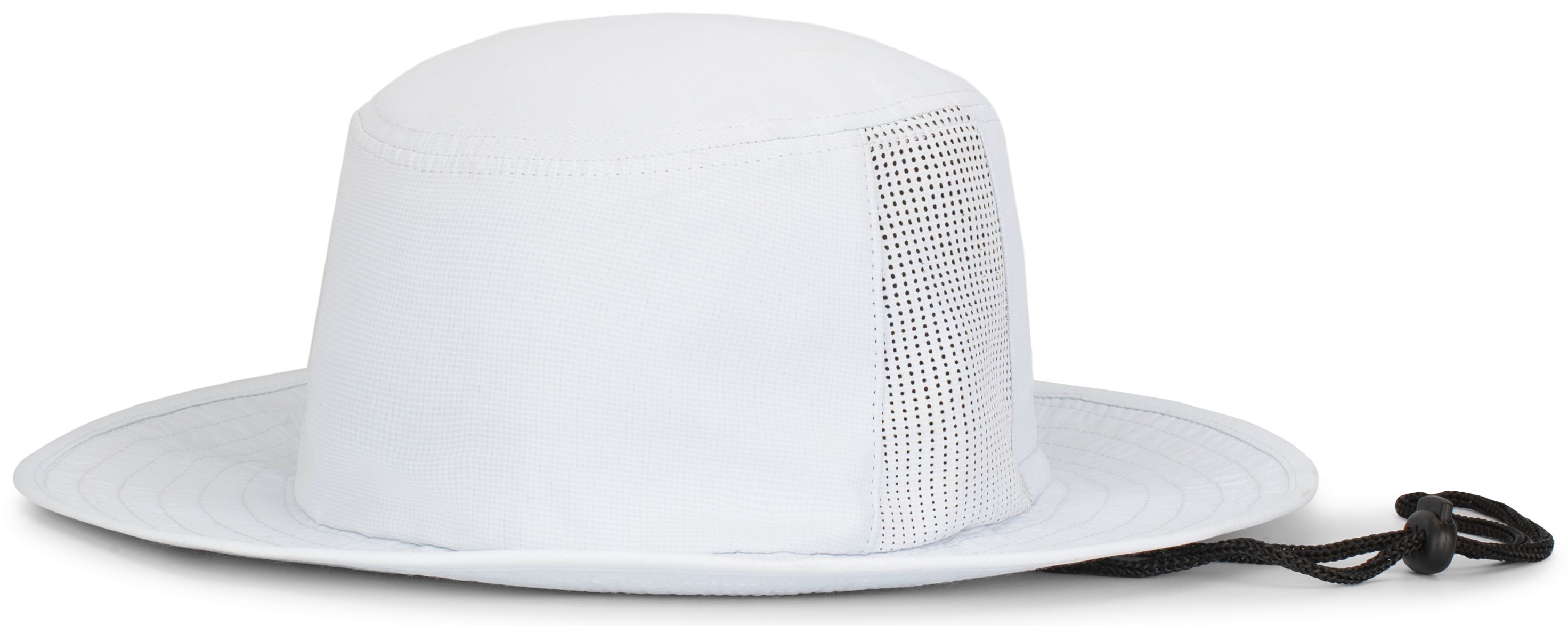 Front view of White Color Perforated Legend Boonie with 3-inch wide brim, white binding along the brim edge, perforated side panels, and adjustable black drawcord. Front view of White Color Perforated Legend Boonie with 3-inch wide brim, white binding along the brim edge, perforated side panels, and adjustable black drawcord.