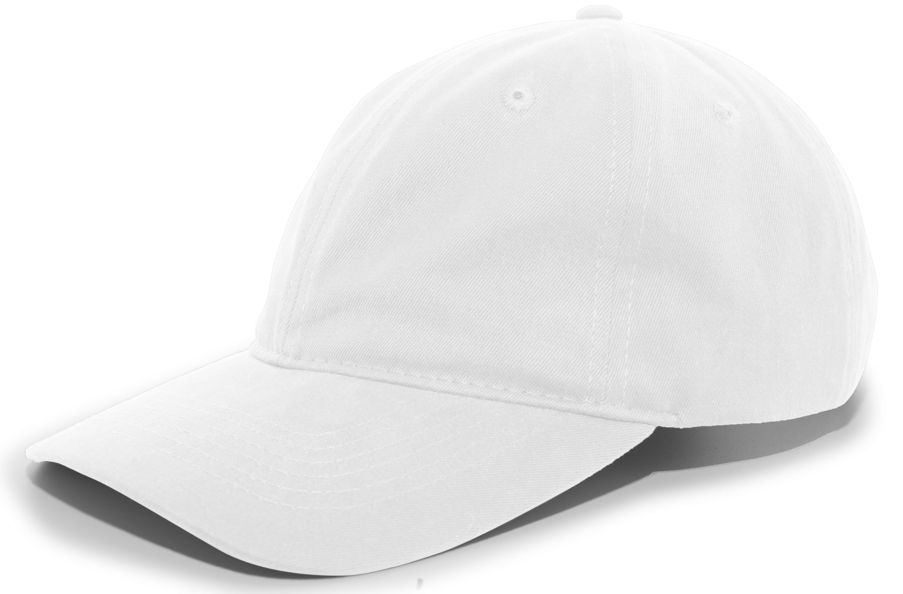 Side view of White Cotton Twill Adjustable Capwith low-profile unstructured crown, slightly curved self-material visor, and adjustable metal slide buckle closure. Side view of White Cotton Twill Adjustable Capwith low-profile unstructured crown, slightly curved self-material visor, and adjustable metal slide buckle closure.