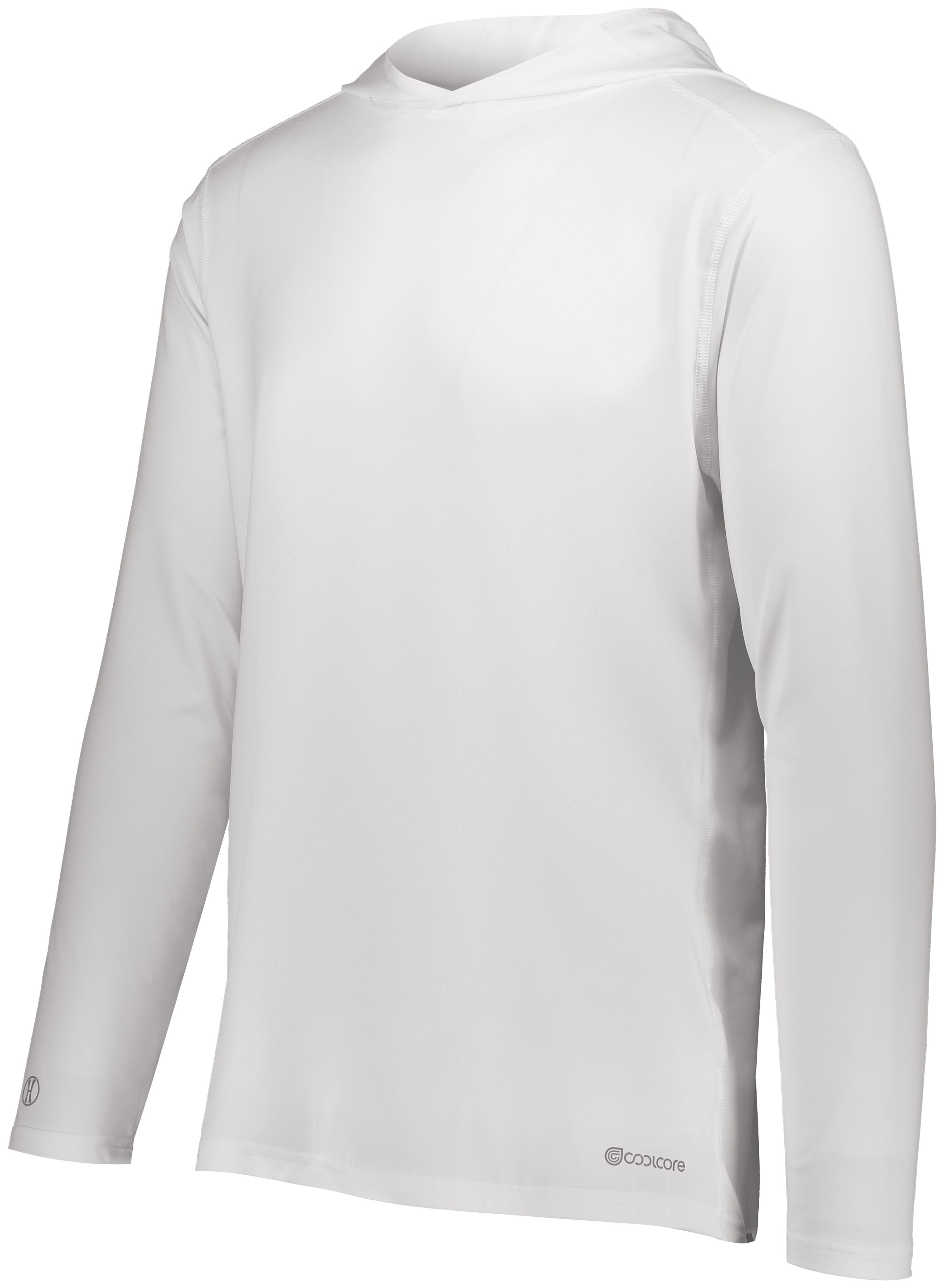 Cooling white men hooded pullover sweatshirt with moisture-wicking performance fabric, UPF 50+ sun protection, and flexible stretch for sports and workouts.