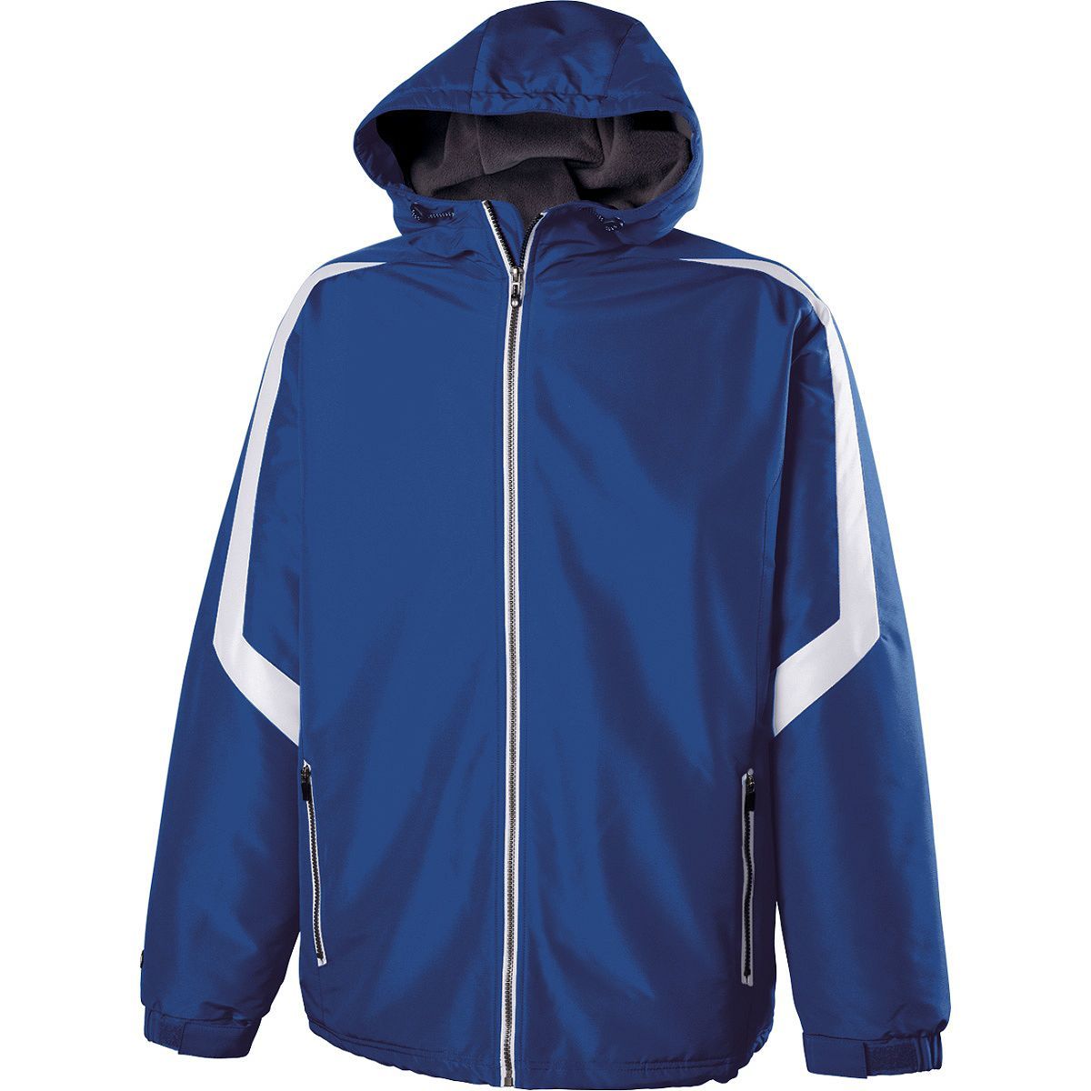 Men's Blue Charger Team Jacket with hood, wind-resistant Micro-Cord™ fabric, zippered pockets, and raglan sleeves for running, training, and outdoor activities.