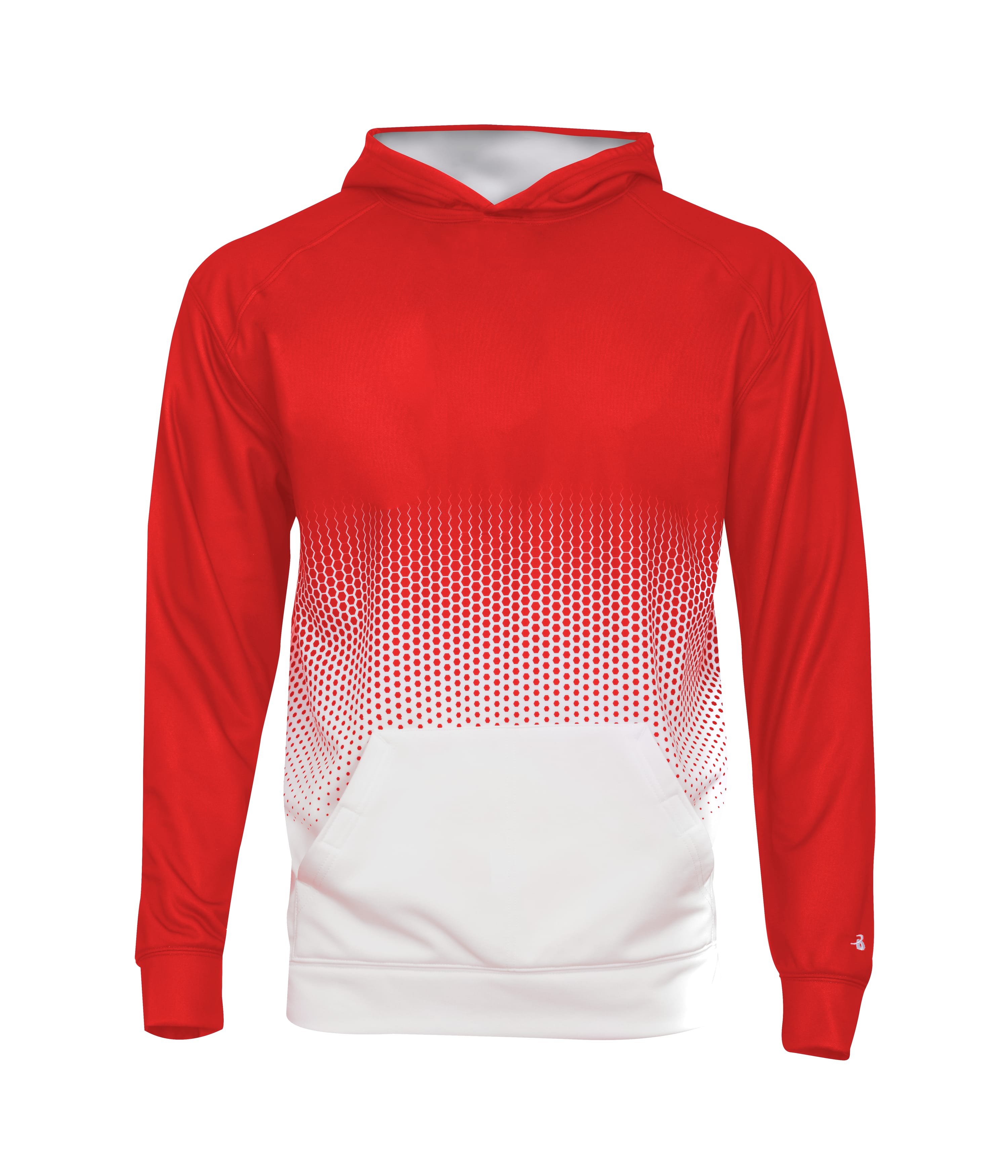 Custom Hex 2.0 Youth Sublimated Hood kids sports sweatshirt featuring red tonal hexagonal matrix pattern print on the body and hood.