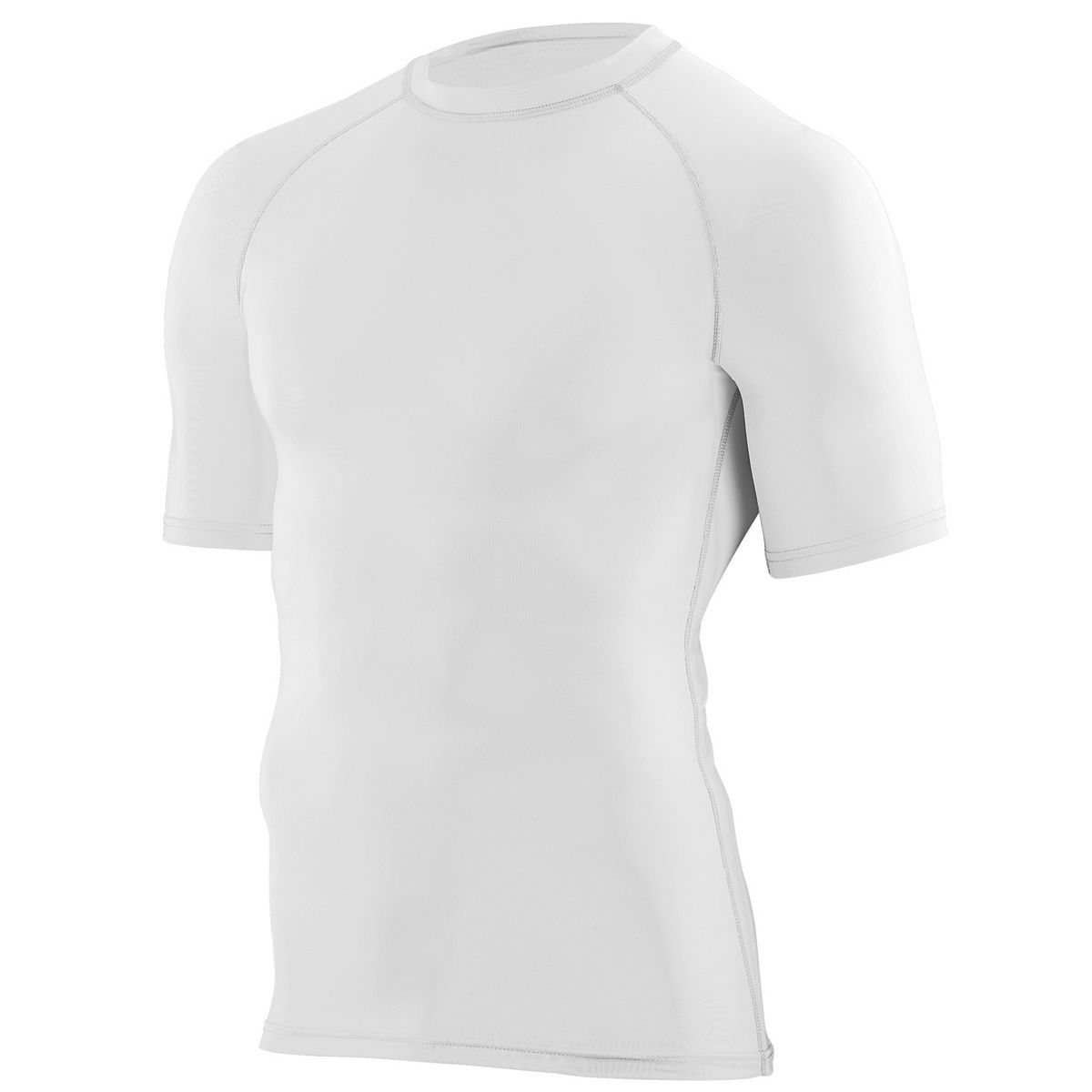 Youth white short sleeve compression shirt with moisture-wicking polyester-spandex fabric for baseball, soccer, track, and training. Youth white short sleeve compression shirt with moisture-wicking polyester-spandex fabric for baseball, soccer, track, and training.