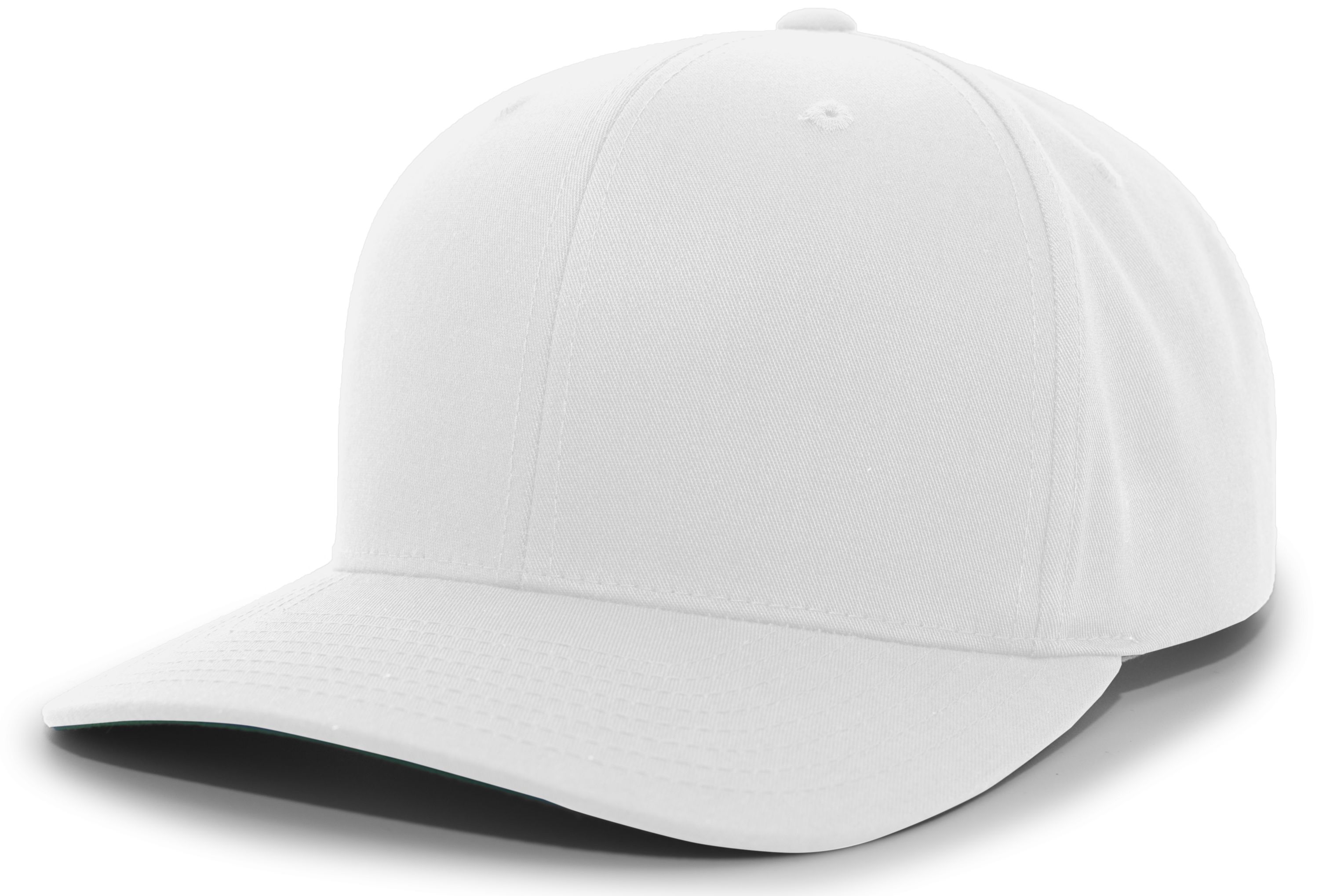 Front view of white cotton-poly baseball cap with mid-profile structured crown, pro-model front panels, curved visor, and embroidered eyelets. Front view of white cotton-poly baseball cap with mid-profile structured crown, pro-model front panels, curved visor, and embroidered eyelets.