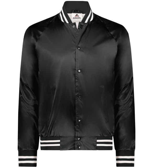 White Satin Baseball Jacket with Red Pockets and Knit Lines