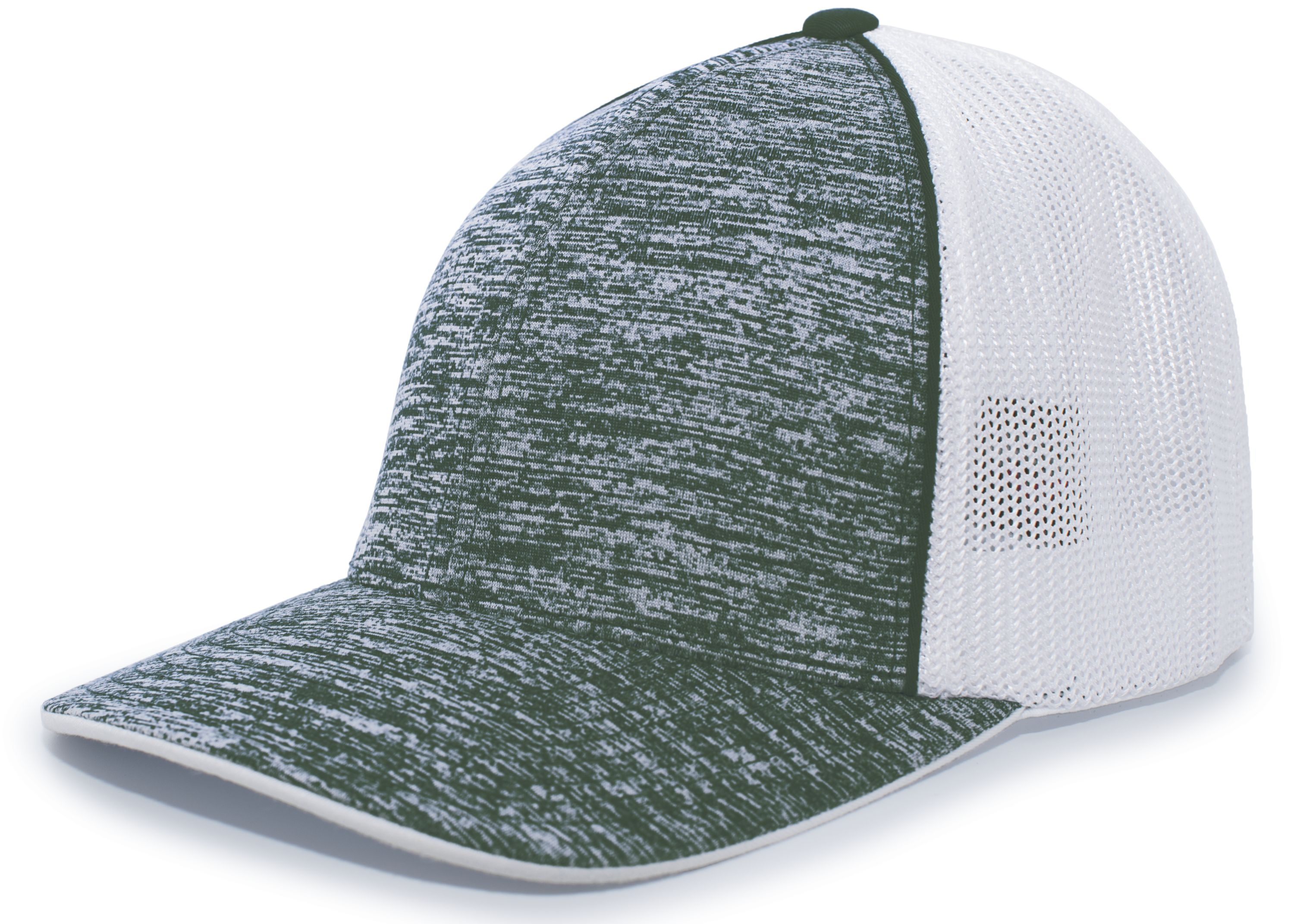 Front view of dark green heather trucker baseball cap with structured mid-profile crown, white mesh back panels, flat brim visor, and embroidered eyelets. Front view of dark green heather trucker baseball cap with structured mid-profile crown, white mesh back panels, flat brim visor, and embroidered eyelets.