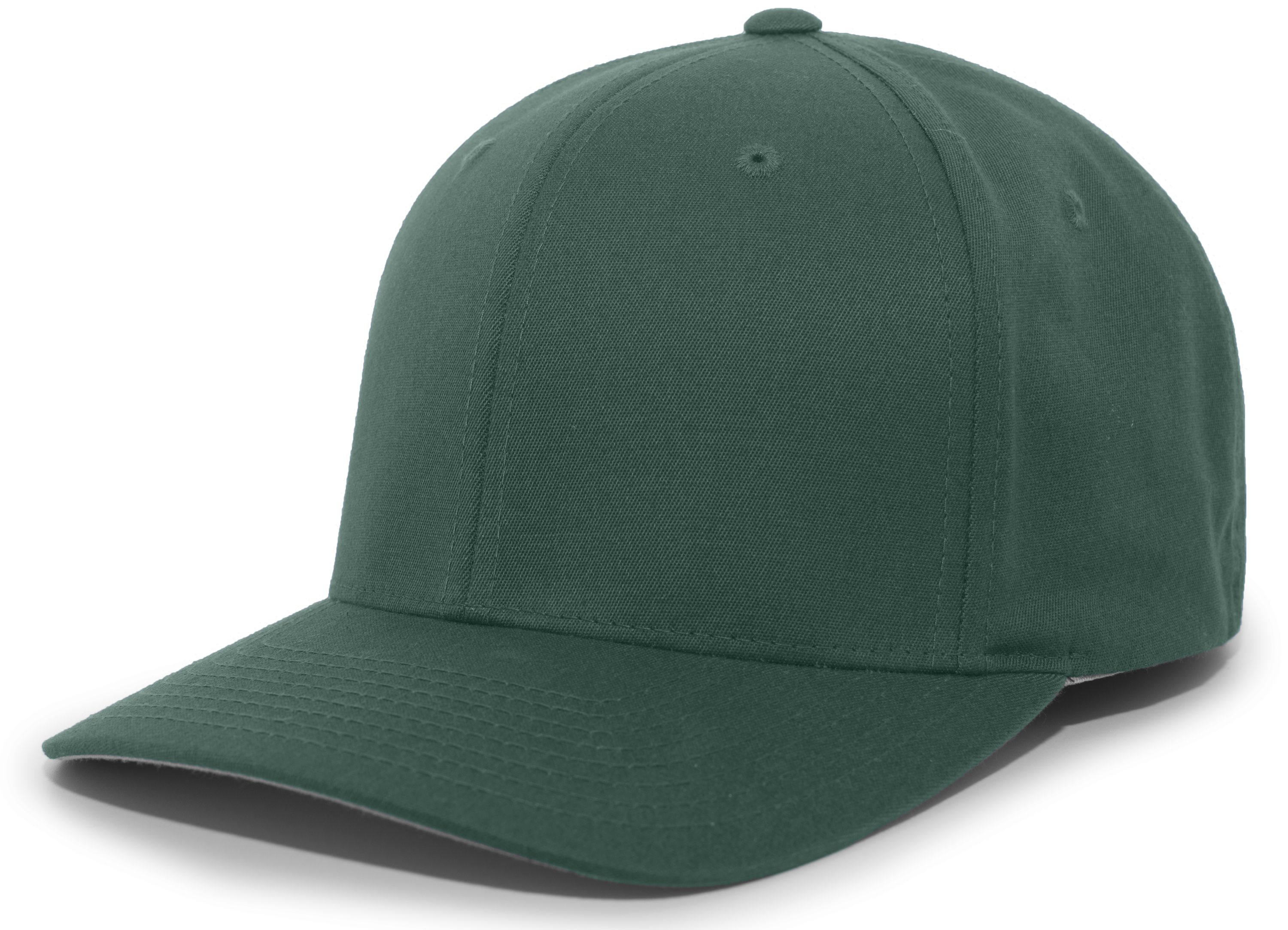 Front view of green Twill Stretchfit baseball cap with mid-profile pro-model crown, slightly curved visor, ventilated eyelets, and closed-back stretch fit. Front view of green Twill Stretchfit baseball cap with mid-profile pro-model crown, slightly curved visor, ventilated eyelets, and closed-back stretch fit.