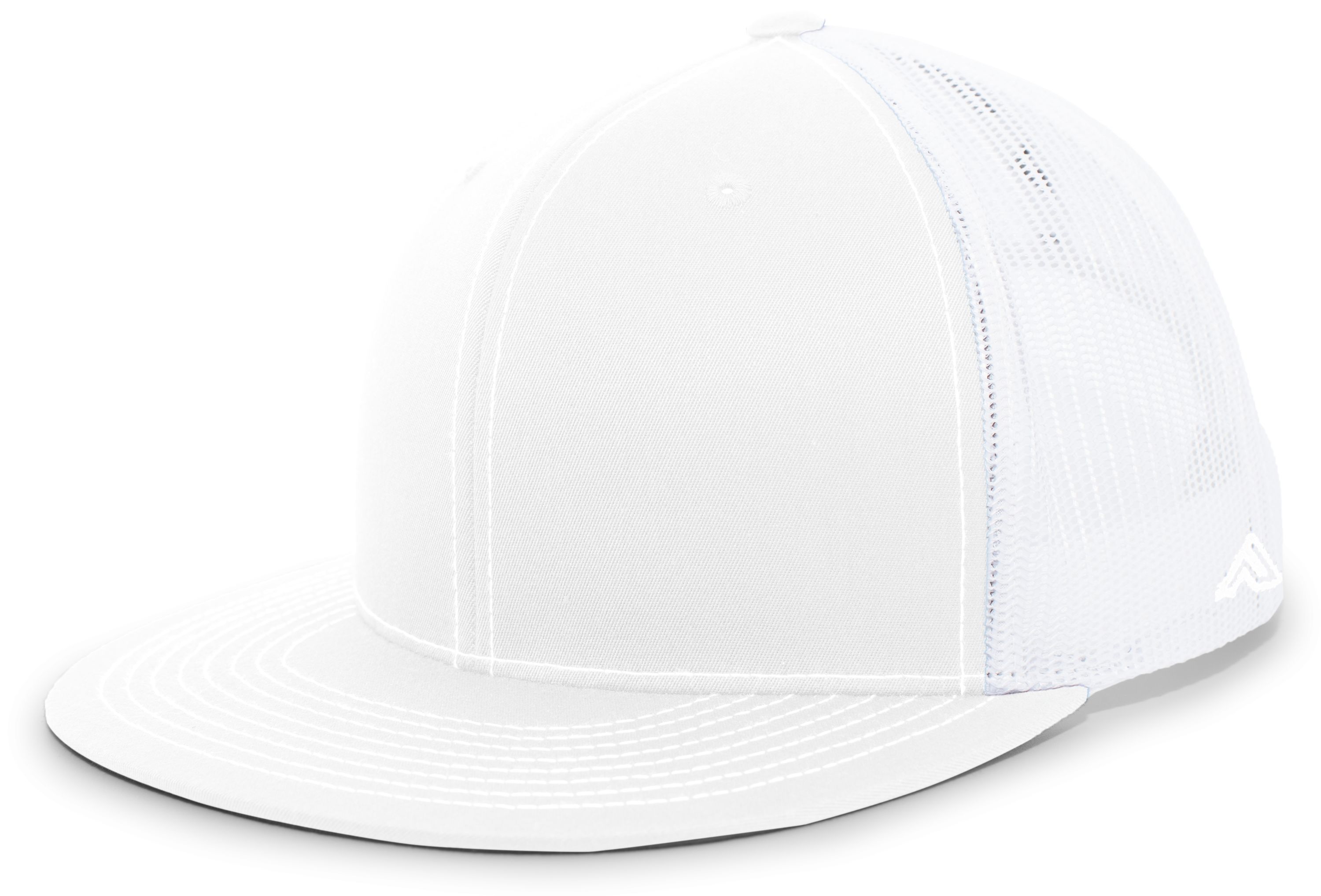 Side profile view of a D-Series High-Crown Trucker Snapback Cap in White, featuring a structured 5-panel design, breathable mesh back, and a crisp pro-style flat bill. Side profile view of a D-Series High-Crown Trucker Snapback Cap in White, featuring a structured 5-panel design, breathable mesh back, and a crisp pro-style flat bill.