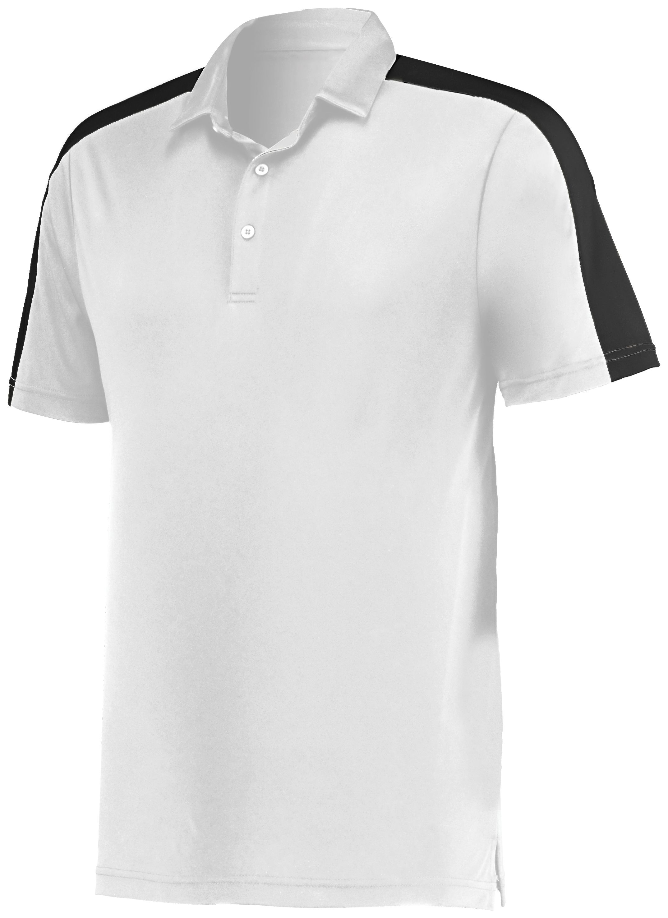 Augusta Sportswear Men's Bi-Color Vital Polo in White with black contrasting color block shoulders, three-button placket, and smooth polyester knit fabric. Augusta Sportswear Men's Bi-Color Vital Polo in White with black contrasting color block shoulders, three-button placket, and smooth polyester knit fabric.