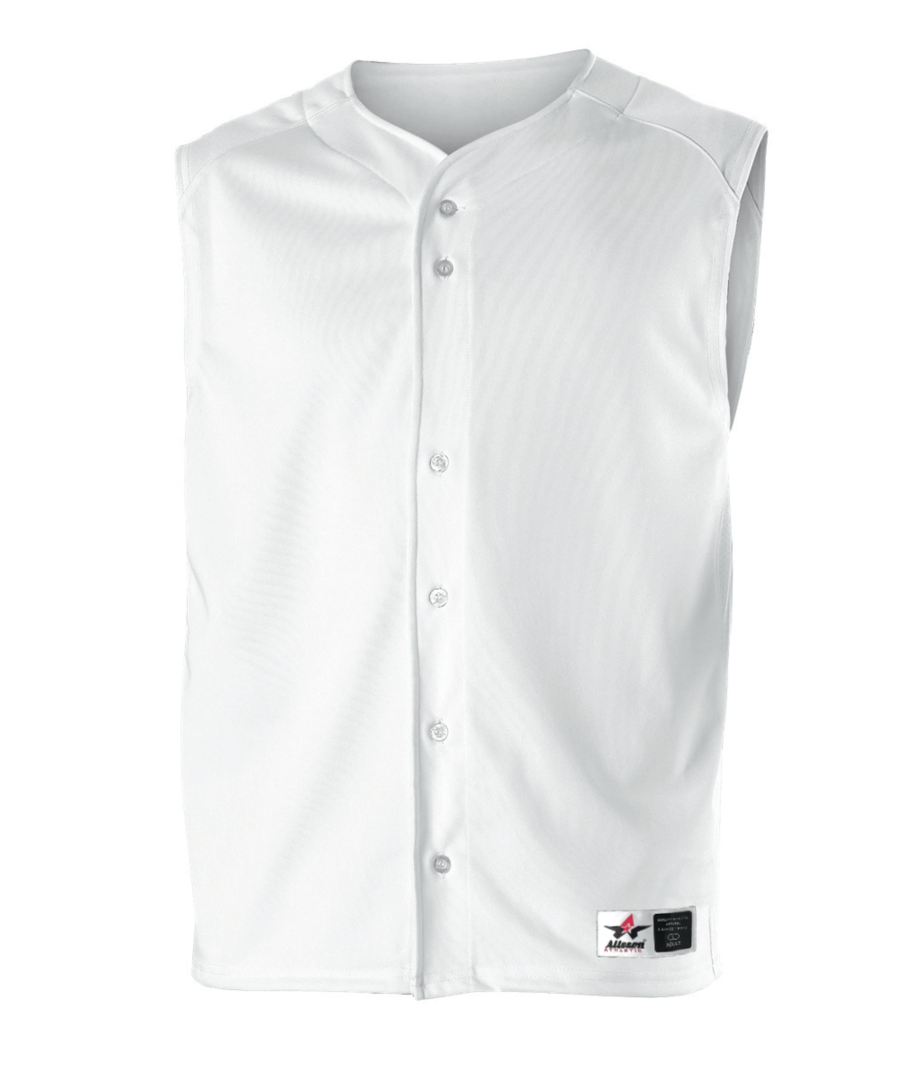 Alleson Athletic Men's White sleeveless six-button baseball uniform vest made of breathable pin dot mesh cationic polyester.