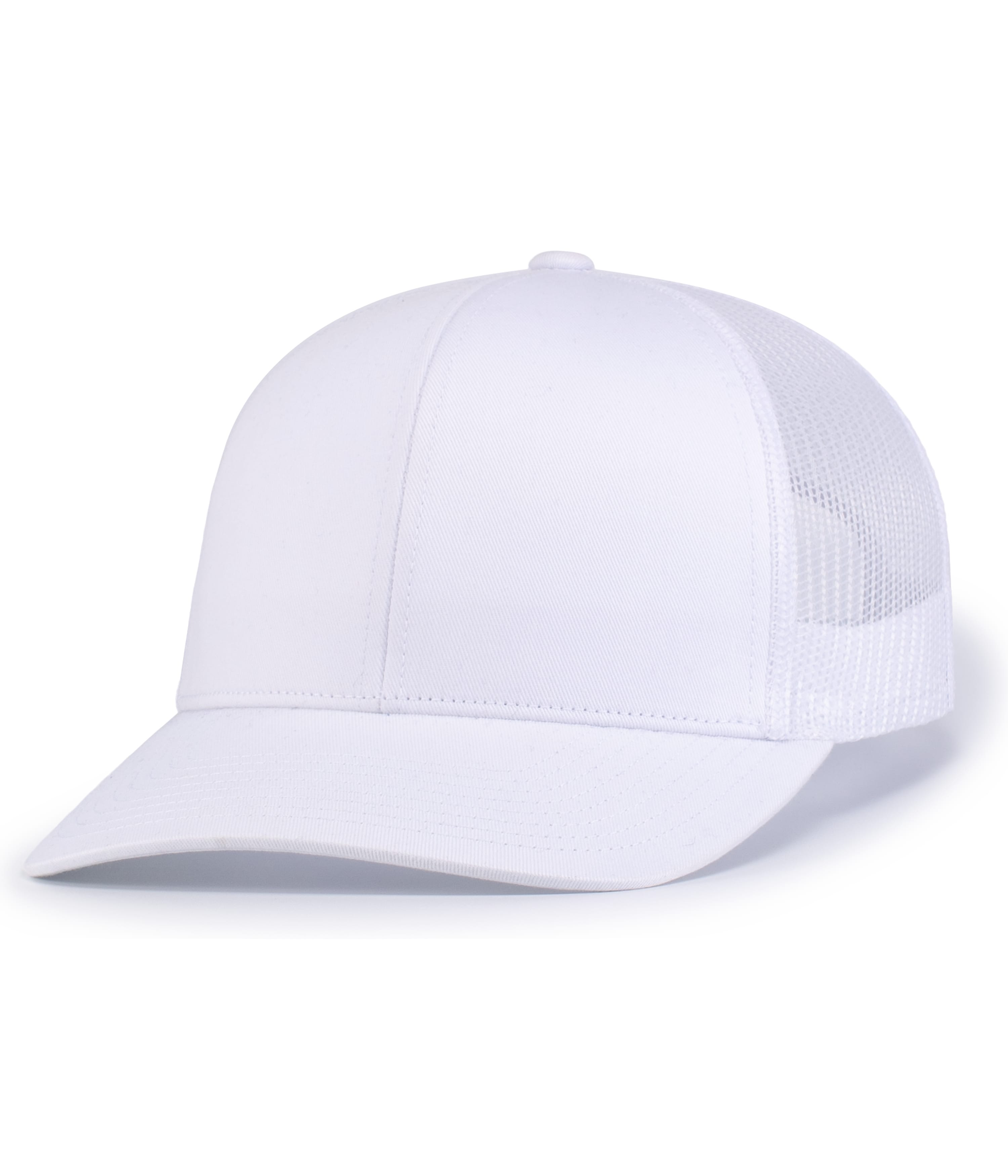 Front view of white 6-panel trucker snapback cap with curved visor and adjustable mesh back Front view of white 6-panel trucker snapback cap with curved visor and adjustable mesh back