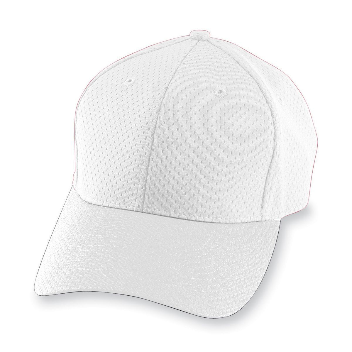 Top view of white Youth Athletic Mesh Cap showing the low-profile pro-model crown, ventilated polyester mesh panels,full crown eyelets, and hook-and-loop adjustable strap. Top view of white Youth Athletic Mesh Cap showing the low-profile pro-model crown, ventilated polyester mesh panels,full crown eyelets, and hook-and-loop adjustable strap.