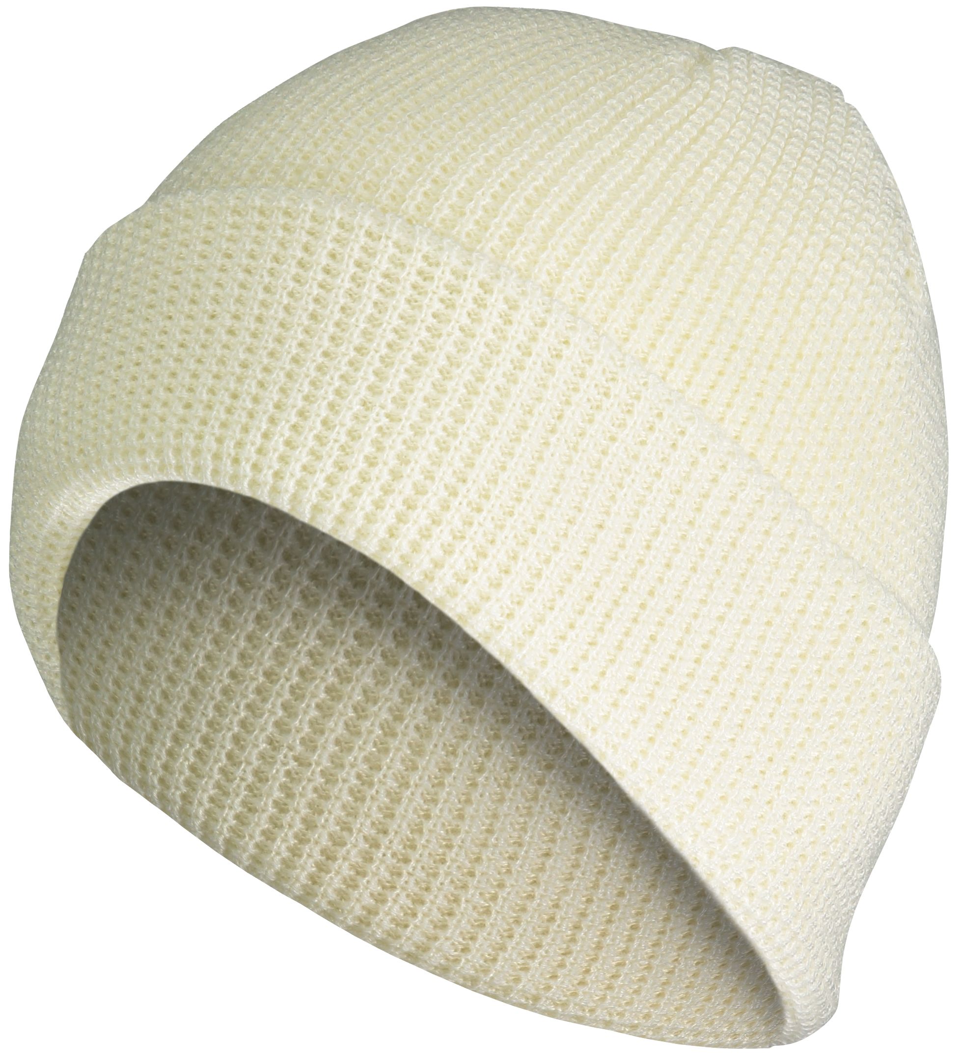 Front view of Cream Color Blank Waffle Knit Cuff Beanie with 3-inch fold-over cuff, 8-inch fitted knit construction, and textured waffle-knit pattern.