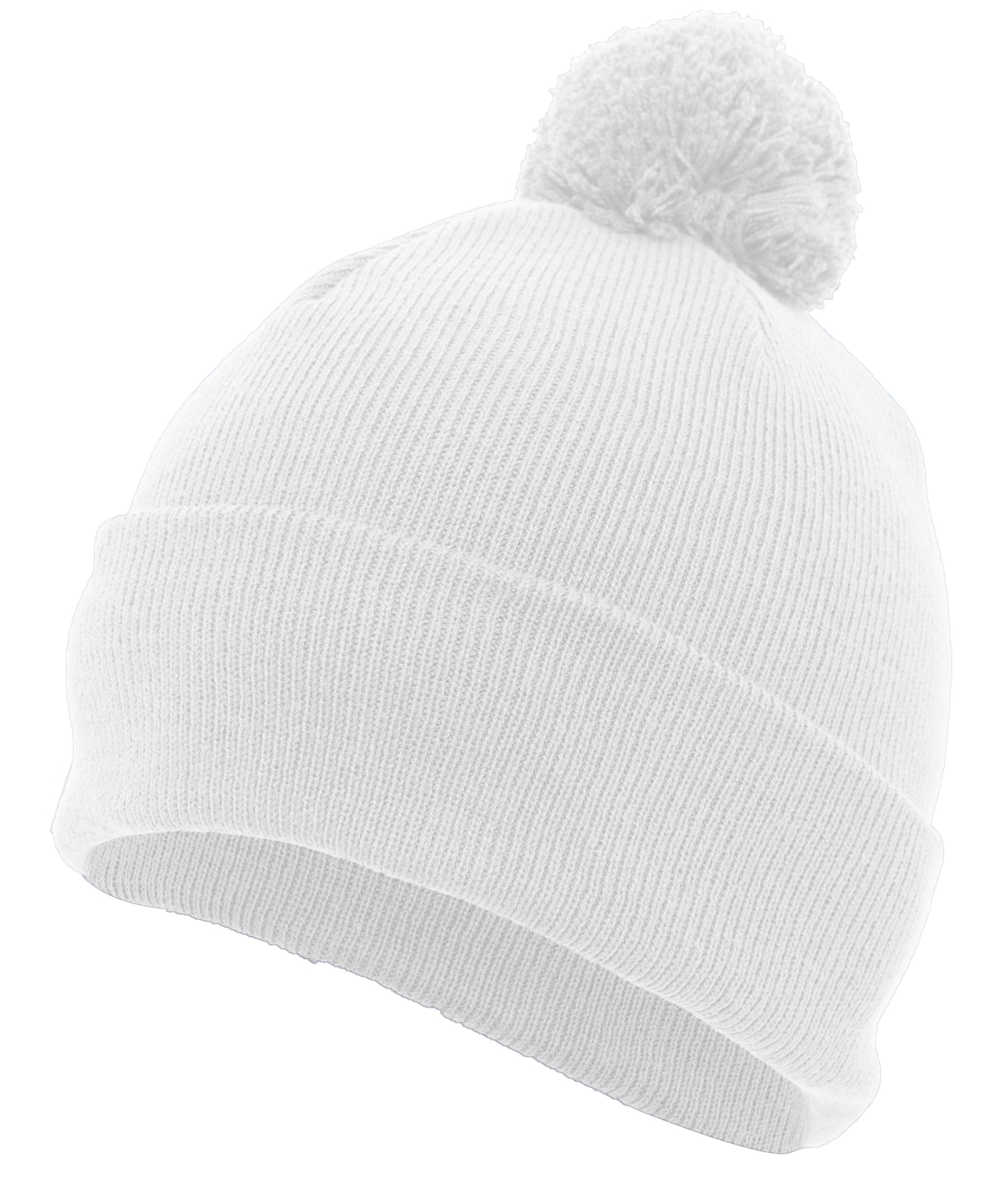 Front view of Knit Fold-Over Pom-Pom Beanie in White with fold-over cuff and yarn pom-pom top