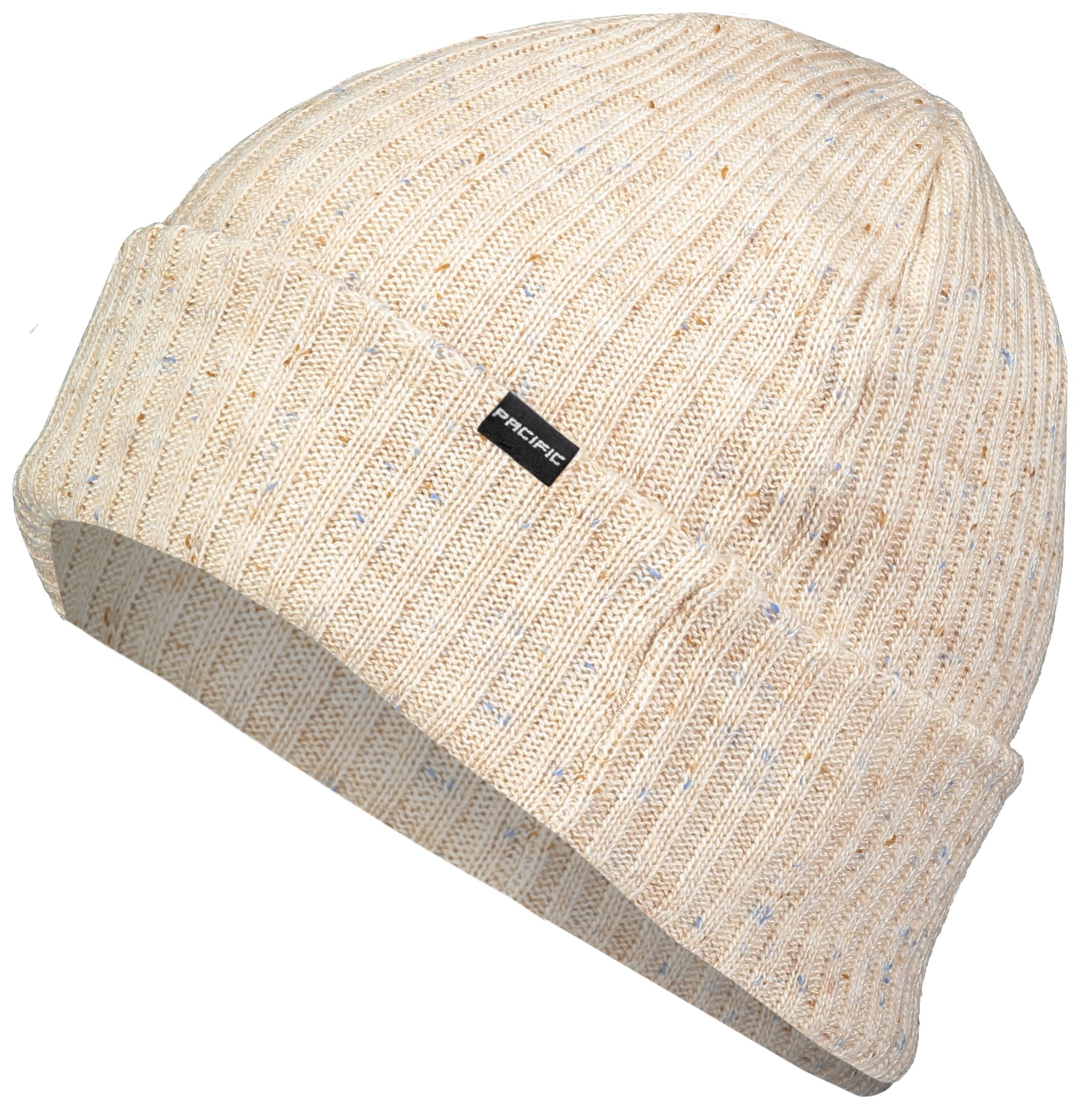 Cream tweed ribbed knit beanie with cuff, side view – unisex winter hat